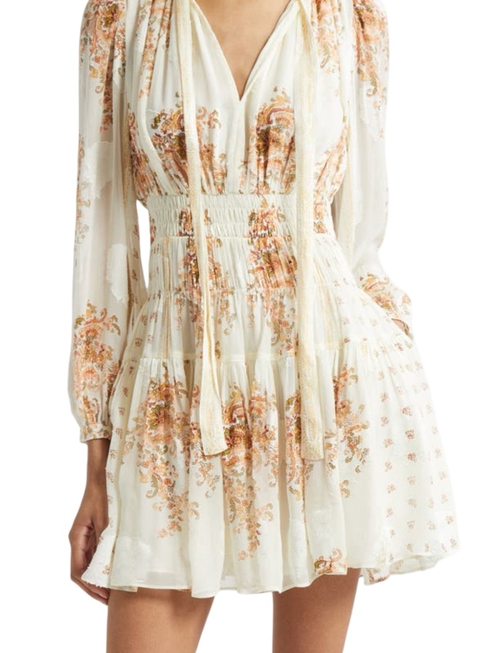 EUC Ulla Johnson Women’s Large Floral Tie-Neck Smocked Waist Mini Dress - Cream